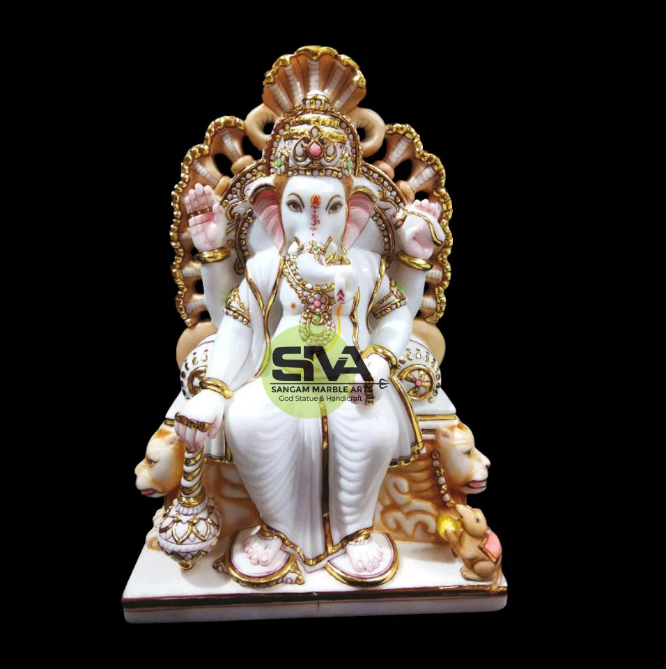 Marble Ganesh Statue sitting on Singhasan