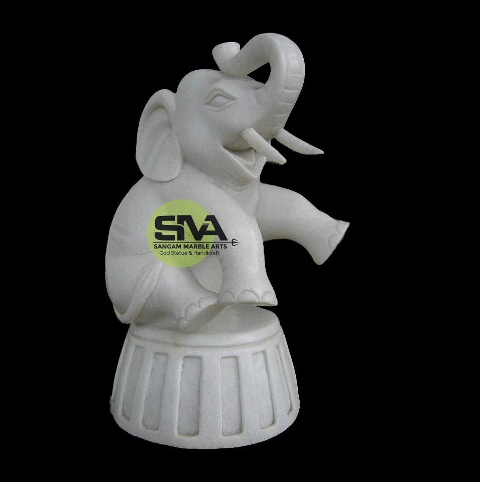 Antique Finish White Marble Elephant Statue